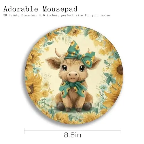 Gctriki Highland Cow Stol uchun sichqoncha yostig'i, noutbuk o'yinlari uchun kulgili dumaloq sichqoncha yostig'i, tikkizilgan qirrali sirpanmaydigan kauchuk asos, ayollar uchun yoqimli kungaboqar kamonli Highland Cow dekor sovg'alari ofis stol aksessuarlari - 4