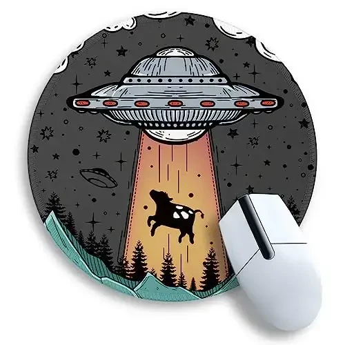 Gctriki Small Round Mouse Pad for Desk, Stitched Edge Non-Slip Rubber Base, Funny UFO Cow Mousepad for Laptop Computer Gaming, Cute Home Office Decor Desk Accessories Supplies, 8.6 x 8.6 Inch 