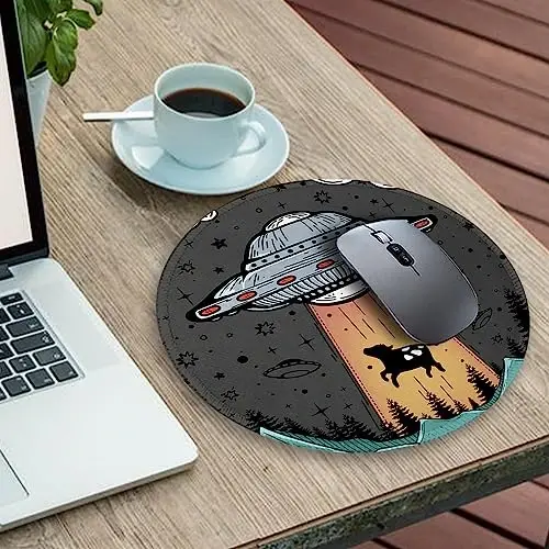 Gctriki Small Round Mouse Pad for Desk, Stitched Edge Non-Slip Rubber Base, Funny UFO Cow Mousepad for Laptop Computer Gaming, Cute Home Office Decor Desk Accessories Supplies, 8.6 x 8.6 Inch - 2