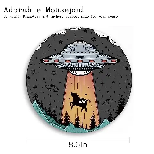 Gctriki Small Round Mouse Pad for Desk, Stitched Edge Non-Slip Rubber Base, Funny UFO Cow Mousepad for Laptop Computer Gaming, Cute Home Office Decor Desk Accessories Supplies, 8.6 x 8.6 Inch - 4