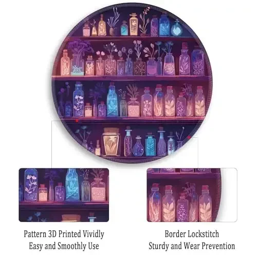 Gctriki stol uchun yumaloq sichqoncha yostiqchalari, tikilgan qirrali sirpanmaydigan kauchuk asosli oʻyin sichqonchasi, noutbuk kompyuter sayohati uchun sehrli ichimliklar shishasi sichqonchasi, ayollar uchun yoqimli ofis stolining aksessuarlari dekorasi - 5