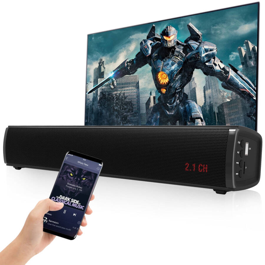 GCZ Sound Bar Subwoofer bilan, 50 Vt simli va simsiz Bluetooth Soundbar, 3D Surround uy uyush tizimi televideniya karnay, karadan boshqarishli, Optik/RCA/AUX/USB ulanishi, devorga o`rnatiladigan - 1