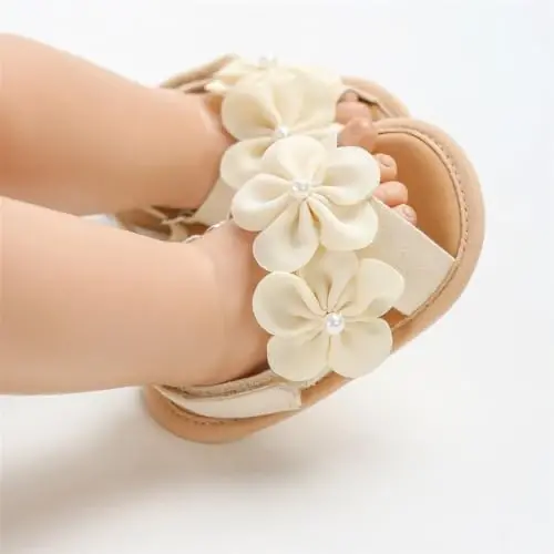 GDSDYM Infant Baby Girls Summer Sandals with Flower Bowknot Soft Sole Wedding Dress Flats Newborn First Walkers Crib Dress Shoes - 7