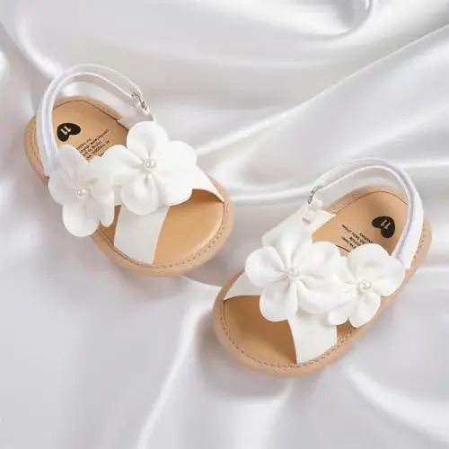 GDSDYM Infant Baby Girls Summer Sandals with Flower Bowknot Soft Sole Wedding Dress Flats Newborn First Walkers Crib Dress Shoes - 3