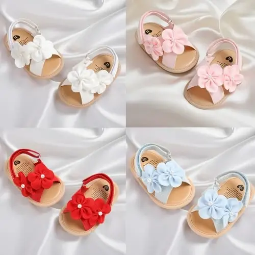 GDSDYM Infant Baby Girls Summer Sandals with Flower Bowknot Soft Sole Wedding Dress Flats Newborn First Walkers Crib Dress Shoes - 4