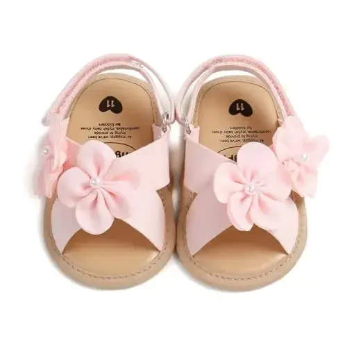 GDSDYM Infant Baby Girls Summer Sandals with Flower Bowknot Soft Sole Wedding Dress Flats Newborn First Walkers Crib Dress Shoes - 7
