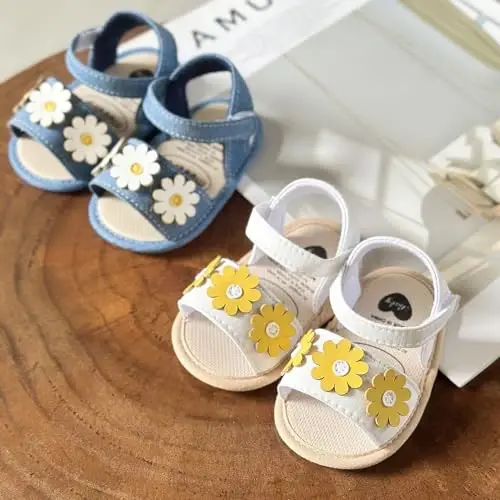 GDSDYM Infant Baby Girls Summer Sandals with Flower Bowknot Soft Sole Wedding Dress Flats Newborn First Walkers Crib Dress Shoes - 5
