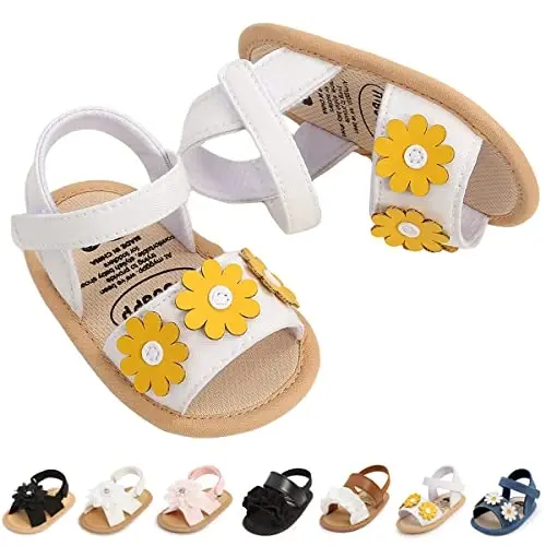 GDSDYM Infant Baby Girls Summer Sandals with Flower Bowknot Soft Sole Wedding Dress Flats Newborn First Walkers Crib Dress Shoes - 1