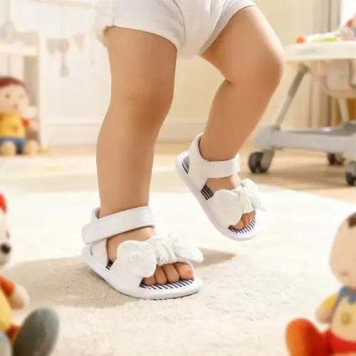 GDSDYM Infant Baby Girls Summer Sandals with Flower Bowknot Soft Sole Wedding Dress Flats Newborn First Walkers Crib Dress Shoes - GDSDYM (1)