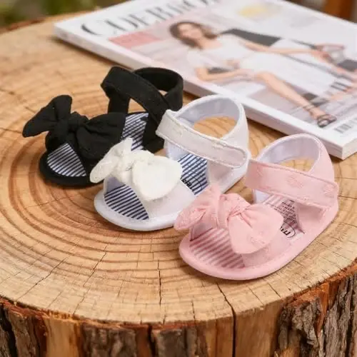 GDSDYM Infant Baby Girls Summer Sandals with Flower Bowknot Soft Sole Wedding Dress Flats Newborn First Walkers Crib Dress Shoes - 3