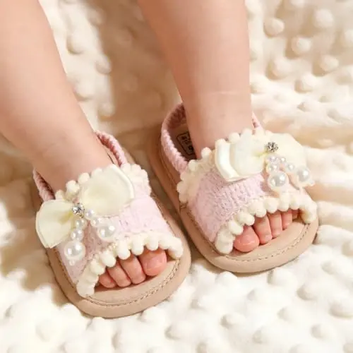 GDSDYM Infant Baby Girls Summer Sandals with Flower Bowknot Soft Sole Wedding Dress Flats Newborn First Walkers Crib Dress Shoes - 2