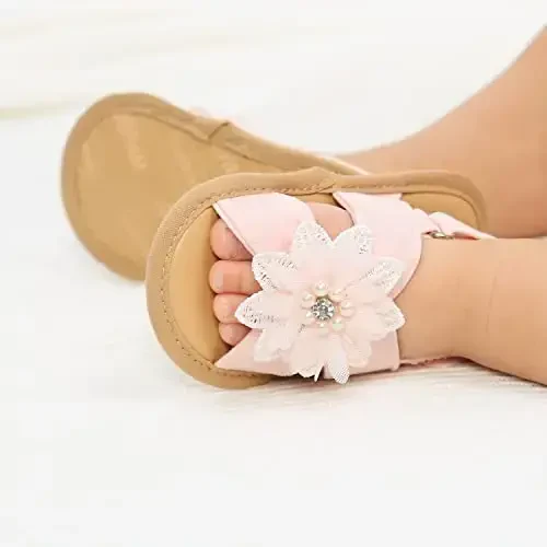 GDSDYM Infant Baby Girls Summer Sandals with Flower Bowknot Soft Sole Wedding Dress Flats Newborn First Walkers Crib Dress Shoes - 3