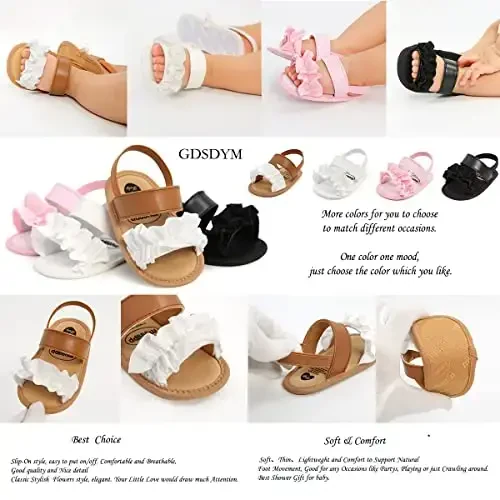 GDSDYM Infant Baby Girls Summer Sandals with Flower Bowknot Soft Sole Wedding Dress Flats Newborn First Walkers Crib Dress Shoes - 3