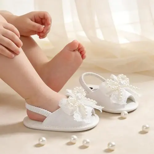 GDSDYM Infant Baby Girls Summer Sandals with Flower Bowknot Soft Sole Wedding Dress Flats Newborn First Walkers Crib Dress Shoes - 3