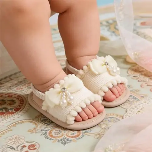 GDSDYM Infant Baby Girls Summer Sandals with Flower Bowknot Soft Sole Wedding Dress Flats Newborn First Walkers Crib Dress Shoes - 3