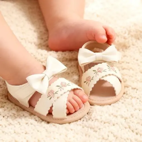 GDSDYM Infant Baby Girls Summer Sandals with Flower Bowknot Soft Sole Wedding Dress Flats Newborn First Walkers Crib Dress Shoes - 2