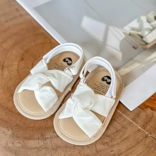 GDSDYM Infant Baby Girls Summer Sandals with Flower Bowknot Soft Sole Wedding Dress Flats Newborn First Walkers Crib Dress Shoes - 5