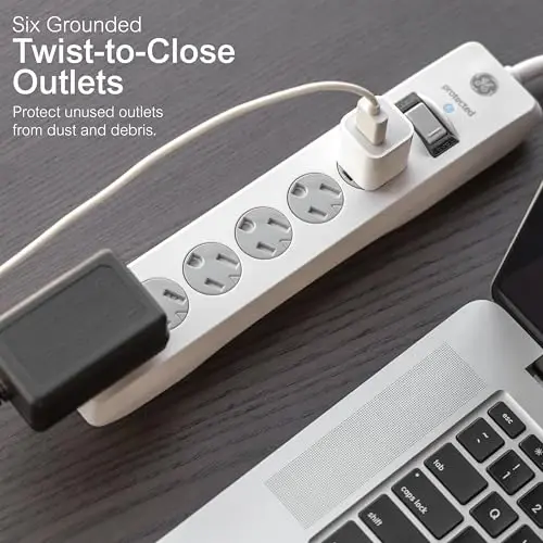 GE Surge Protector Power Strip, 10 Ft Extension Cord, 6 Outlet Extender, 800 Joules, Flat Plug, Twist-to-Close Safety Covers, ETL Listed, White, 14092 - 2
