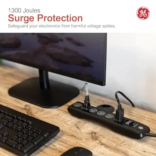 GE Surge Protector Power Strip, 8 Ft Extension Cord, 6 Outlet Extender, 1300 Joules, Flat Plug, Twist-to-Close Safety Covers, ETL Listed, Black, 33662 - GE (1)