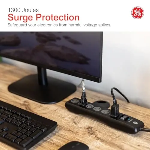 GE Surge Protector Power Strip, 8 Ft Extension Cord, 6 Outlet Extender, 1300 Joules, Flat Plug, Twist-to-Close Safety Covers, ETL Listed, Black, 33662 - 2
