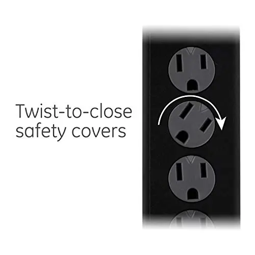 GE Surge Protector Power Strip, 8 Ft Extension Cord, 6 Outlet Extender, 1300 Joules, Flat Plug, Twist-to-Close Safety Covers, ETL Listed, Black, 33662 - 6