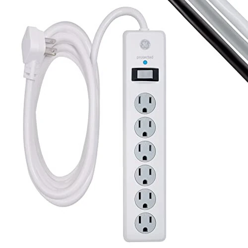 GE 6-Outlet Surge Protector, 10 Ft Extension Cord, Power Strip, 800 Joules, Flat Plug, Twist-to-Close Safety Covers, UL Listed, White, 14092 