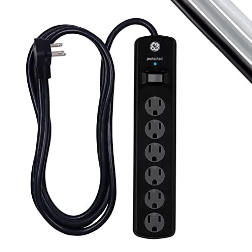 GE 6-Outlet Surge Protector, 8 Ft Extension Cord, Power Strip, 1300 Joules, Flat Plug, Twist-to-Close Safety Covers, Protected Indicator Light, UL Listed, Black, 33662 