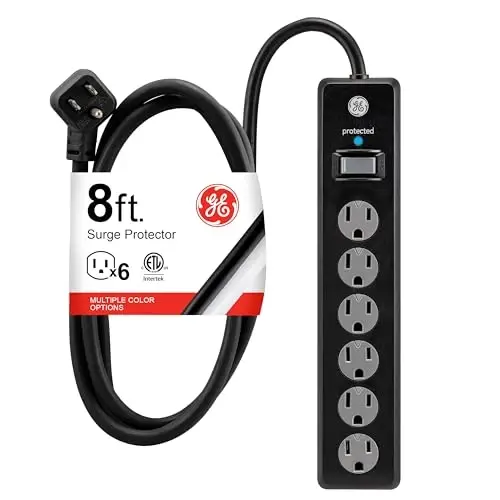 GE 6-Outlet Surge Protector, 8 Ft Extension Cord, Power Strip, 1300 Joules, Flat Plug, Twist-to-Close Safety Covers, Protected Indicator Light, UL Listed, Black, 33662 - 1
