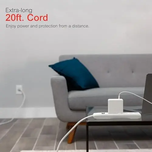 GE Surge Protector Power Strip, 20 Ft Extension Cord, 6 Outlet Extender, 800 Joules, Flat Plug, Twist-to-Close Safety Covers, ETL Listed, White, 50770 - 4