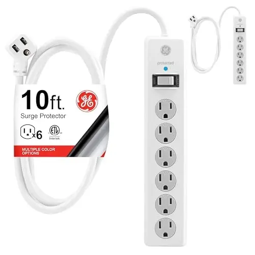 GE Surge Protector Power Strip, 10 Ft Extension Cord, 6 Outlet Extender, 800 Joules, Flat Plug, Twist-to-Close Safety Covers, ETL Listed, White, 2 Pack, 46864 - GE