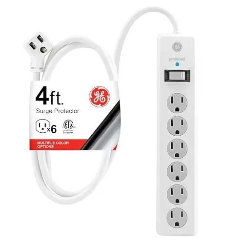 GE Surge Protector Power Strip, 4 Ft Extension Cord, 6 Outlet Extender, 800 Joules, Flat Plug, Twist-to-Close Safety Covers, ETL Listed, White, 33658 