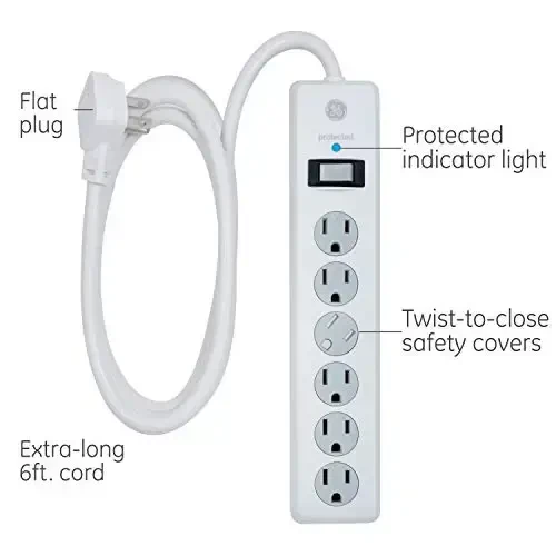 GE Surge Protector Power Strip, 6 Ft Extension Cord, 6 Outlet Extender, 800 Joules, Flat Plug, Twist-to-Close Safety Covers, ETL Listed, White, 2 Pack, 54638 - GE (1)