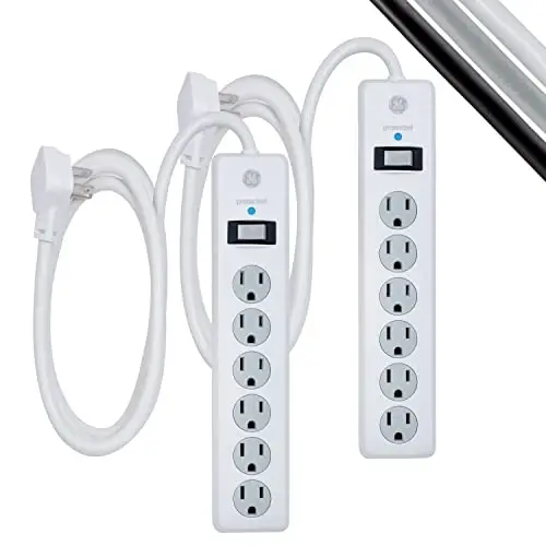 GE Surge Protector Power Strip, 6 Ft Extension Cord, 6 Outlet Extender, 800 Joules, Flat Plug, Twist-to-Close Safety Covers, ETL Listed, White, 2 Pack, 54638 