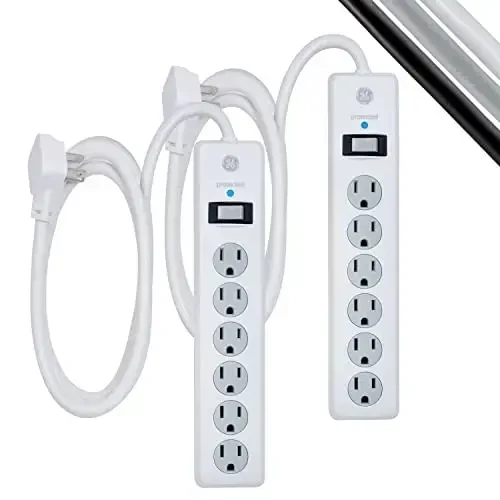 GE Surge Protector Power Strip, 6 Ft Extension Cord, 6 Outlet Extender, 800 Joules, Flat Plug, Twist-to-Close Safety Covers, ETL Listed, White, 2 Pack, 54638 