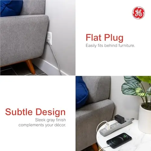 GE Surge Protector Power Strip, 25 Ft Extension Cord, 6 Outlet Extender, 800 Joules, Flat Plug, Twist-to-Close Safety Covers, UL Listed, Gray, 62470 - 3