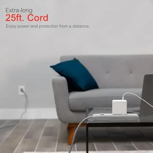 GE Surge Protector Power Strip, 25 Ft Extension Cord, 6 Outlet Extender, 800 Joules, Flat Plug, Twist-to-Close Safety Covers, UL Listed, Gray, 62470 - 4