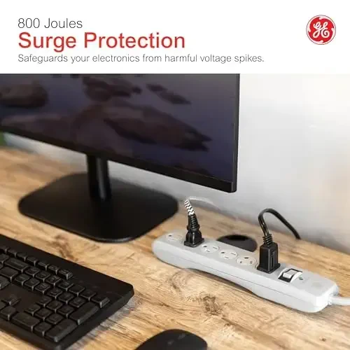 GE Surge Protector Power Strip, 25 Ft Extension Cord, 6 Outlet Extender, 800 Joules, Flat Plug, Twist-to-Close Safety Covers, UL Listed, Gray, 62470 - 6