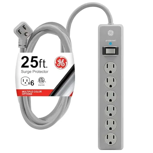 GE Surge Protector Power Strip, 25 Ft Extension Cord, 6 Outlet Extender, 800 Joules, Flat Plug, Twist-to-Close Safety Covers, UL Listed, Gray, 62470 
