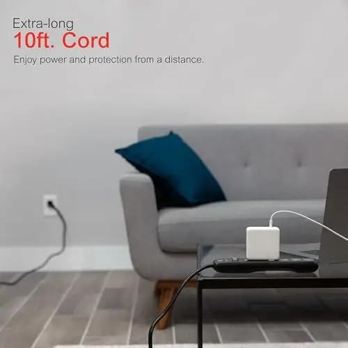 GE Surge Protector Power Strip, 10 Ft Extension Cord, 6 Outlet Extender, 800 Joules, Flat Plug, Twist-to-Close Safety Covers, ETL Listed, Black, 2 Pack, 54646 - 3