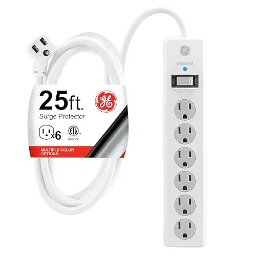 GE Surge Protector Power Strip, 25 Ft Extension Cord, 6 Outlet Extender, 800 Joules, Flat Plug, Twist-to-Close Safety Covers, ETL Listed, White, 61291 