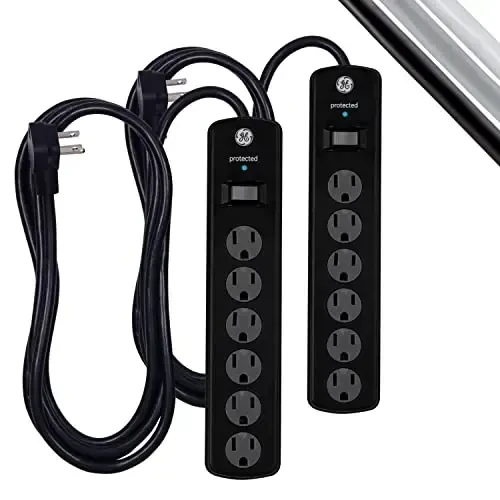 GE Surge Protector Power Strip, 8 Ft Extension Cord, 6 Outlet Extender, 800 Joules, Flat Plug, Twist-to-Close Safety Covers, UL Listed, Black, 2 Pack, 54643 