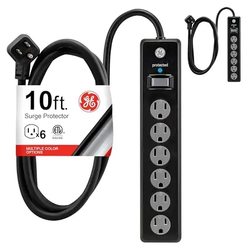 GE Aşırı Gerilim Koruyuculu Priz, 3 Metre Uzatma Kablosu, 6 Çıkışlı Çoklayıcı, 800 Joule, Yassı Fiş, Çevir-Kapat Güvenlik Kapakları, ETL Listeli, Siyah, 54646, 2'li Paket (12'li Koli) - 1