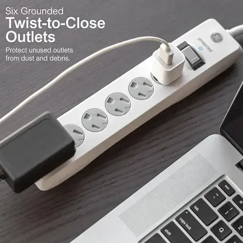 GE Surge Protector Power Strip, 10 Ft Extension Cord, 6 Outlet Extender, 800 Joules, Flat Plug, Twist-to-Close Safety Covers, ETL Listed, White, 2 Pack, 46864 - 2