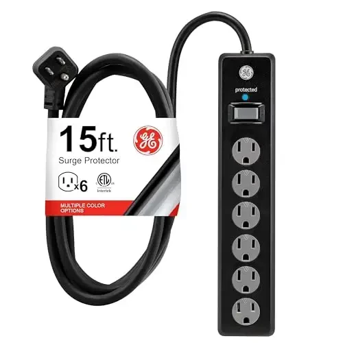 GE Surge Protector Power Strip, 15 Ft Extension Cord, 6 Outlet Extender, 800 Joules, Flat Plug, Twist-to-Close Safety Covers, ETL Listed, Black, 50767 - GE