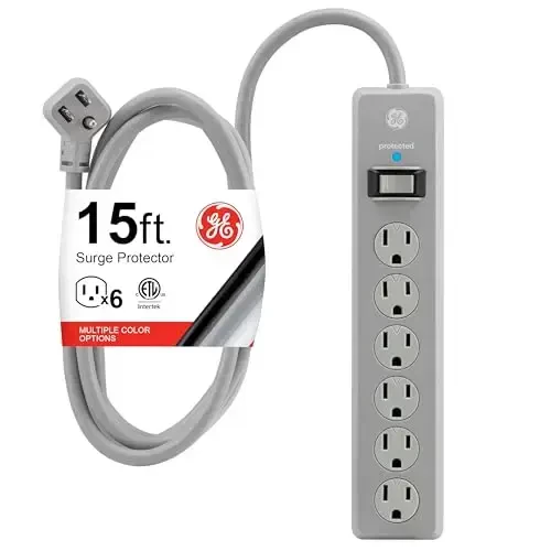 GE Surge Protector Power Strip, 15 Ft Extension Cord, 6 Outlet Extender, 800 Joules, Flat Plug, Twist-to-Close Safety Covers, UL Listed, Gray, 62457 - 1