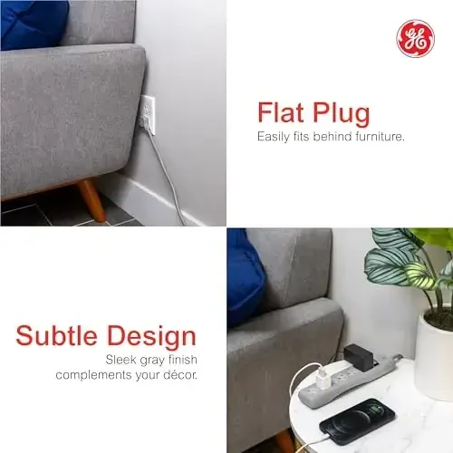 GE Surge Protector Power Strip, 15 Ft Extension Cord, 6 Outlet Extender, 800 Joules, Flat Plug, Twist-to-Close Safety Covers, UL Listed, Gray, 62457 - 3