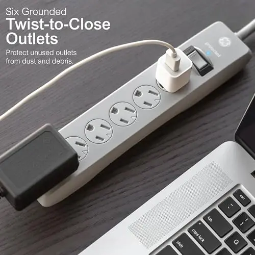 GE Surge Protector Power Strip, 25 Ft Extension Cord, 6 Outlet Extender, 800 Joules, Flat Plug, Twist-to-Close Safety Covers, UL Listed, Gray, 62470 - GE (1)