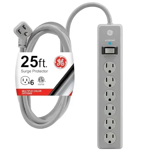 GE Surge Protector Power Strip, 25 Ft Extension Cord, 6 Outlet Extender, 800 Joules, Flat Plug, Twist-to-Close Safety Covers, UL Listed, Gray, 62470 - 1