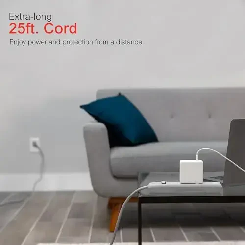 GE Surge Protector Power Strip, 25 Ft Extension Cord, 6 Outlet Extender, 800 Joules, Flat Plug, Twist-to-Close Safety Covers, UL Listed, Gray, 62470 - 4