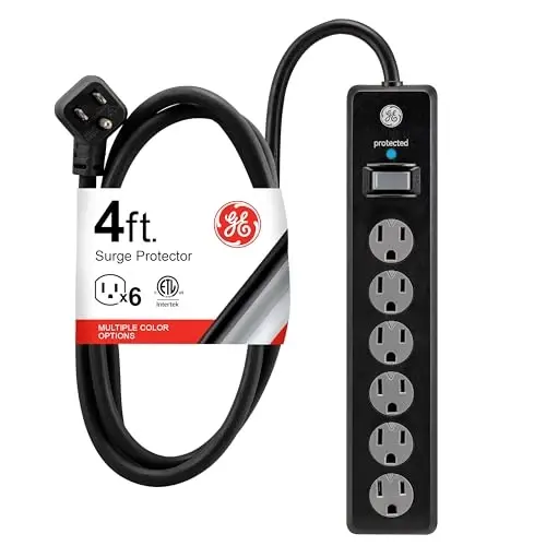 GE Surge Protector Power Strip, 4 Ft Extension Cord, 6 Outlet Extender, 800 Joules, Flat Plug, Twist-to-Close Safety Covers, ETL Listed, Black, 33659 
